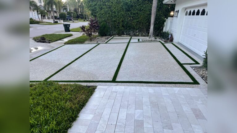 Exposed Aggregate Driveway with Grass Chases & Marble Walks